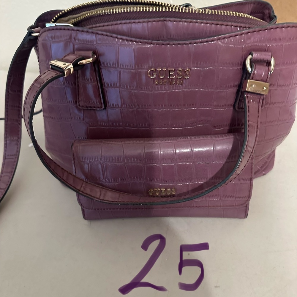 GUESS Plum Croc-Embossed Shoulder Bag with Gold Hardware
